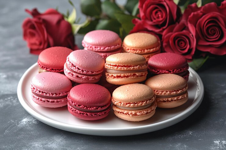 Delicados macarrones dispuestos en un plato con rosas rojas frescas en el fondo AI generativa
