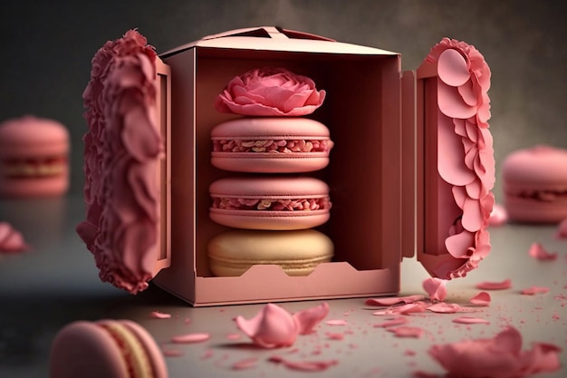 Delicados macarrones rosados en un paquete romántico IA generativa