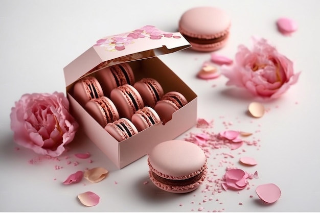 Delicados macarrones rosados en un paquete romántico IA generativa