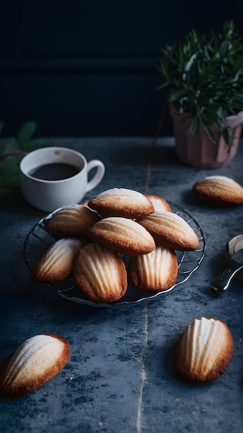 Delicados pasteles franceses madeleines hermosamente presentados en la mesa de la cocina papel tapiz móvil vertical