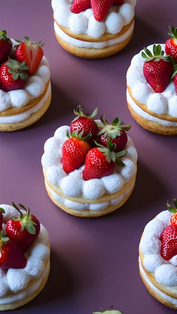 Delicados pasteles de souffle adornados con fresas gordas presentación aislada Wallpa móvil vertical