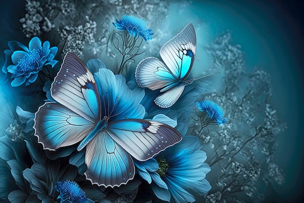 Delicados pétalos azules de flores y mariposas sobre fondo borroso