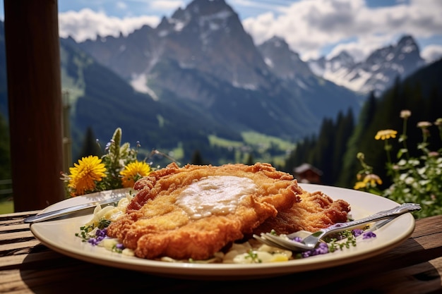 Delícia alpina Wiener Schnitzel em prato vintage