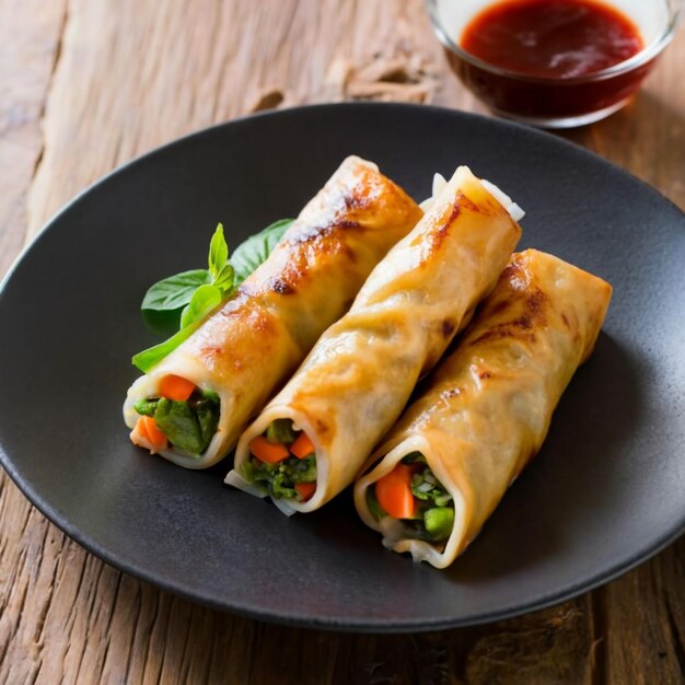 Delícia asiática Crispy Spring Rolls com molho de soja