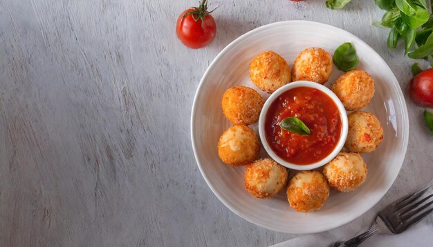 Delicia de bolas de queso con salsa de tomate