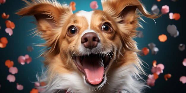 Delicia canina festiva Perro alegre con un brillante sombrero de cumpleaños con lengua colgante