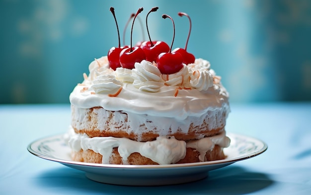 Delícia caprichosa bolo de gelo azul e branco com uma cereja vermelha