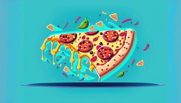 Foto delícia caprichosa fatia voadora de pizza cartoon vetor ilustração tentador conceito de fast food