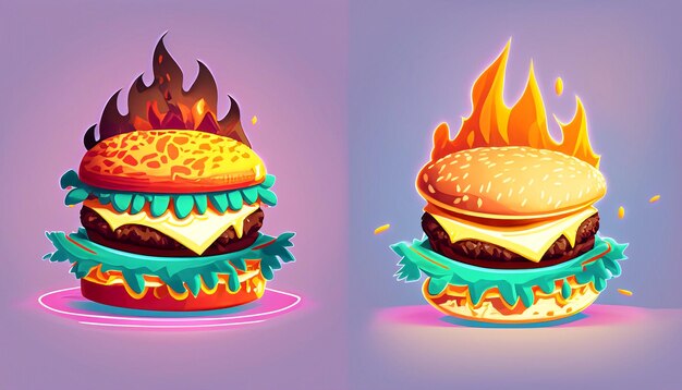 Delicia chisporroteante Vector libre Hamburguesa Queso con fuego Icono de dibujos animados Ilustración Objeto de comida tentadora