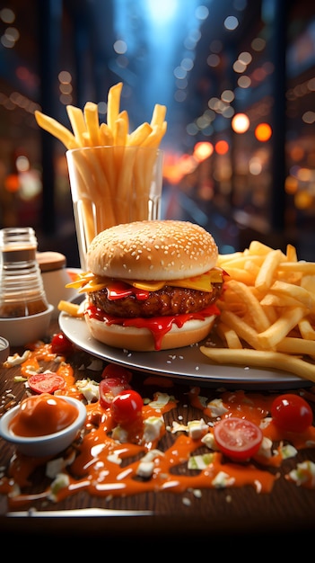 Delicia de comida rápida disfrutando de una hamburguesa con bebida fría y papas fritas