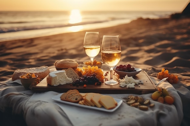 Delícia costeira sonhadora Belo piquenique na praia ao pôr do sol com vinho branco