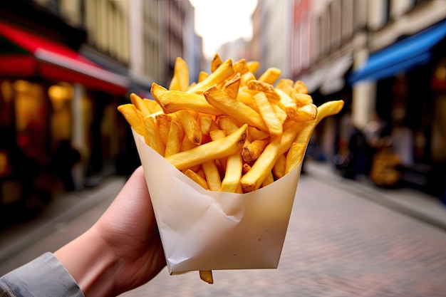 Delicia crujiente disfrutando de patatas fritas belgas en un restaurante callejero de Bruselas Bélgica IA generativa