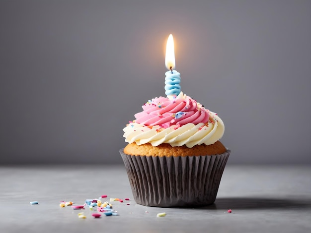 Delicia de cumpleaños sabroso cupcake con vela sobre fondo gris