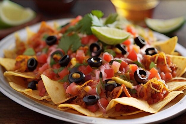 Delícia da comida de rua mexicana carregada de nachos com salsa fresca