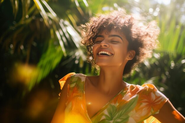 Foto delícia dançante de beleza de cabelo curto em trajes tropicais