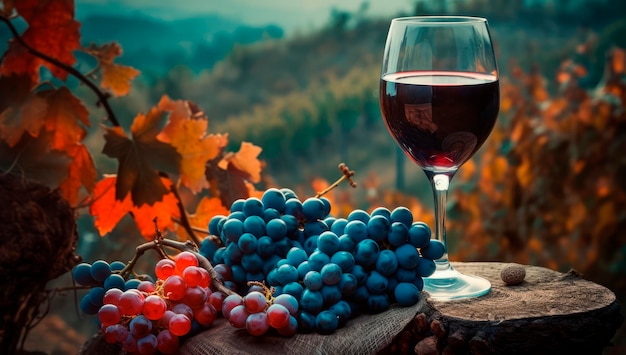 Delícia de outono cativante mesa de vinho tinto e uvas em uma época de colheita de vinhedos