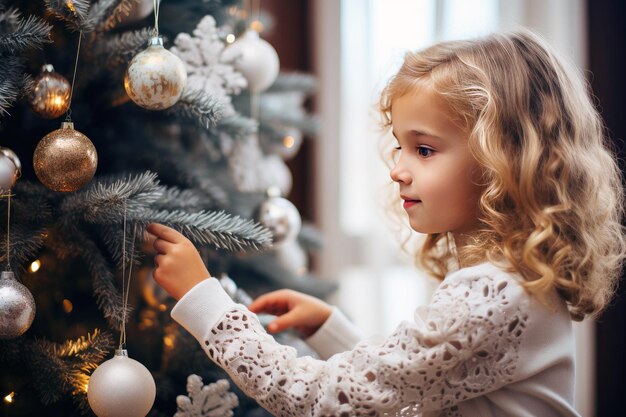 Delícia festiva menina decorando a árvore de Natal