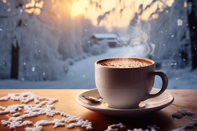 Delícia gelada manhã de inverno café vapor no frio criando uma visão reconfortante