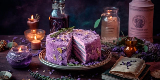 Delicia de lavanda etérea Una rebanada de pastel Flores y hierbas aromáticas