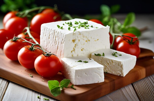 Delícia mediterrânea Queijo feta com tomates em uma tábua de madeira branca