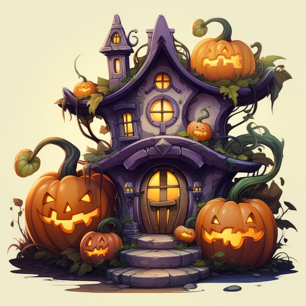 Delícia mística Ambiente de Halloween caprichoso com abóboras bonitas em estilo desenho animado e o Irregu de uma bruxa
