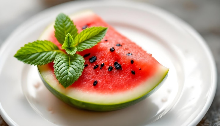 Foto delicia natural sanda fresca en un plato con hojas de menta