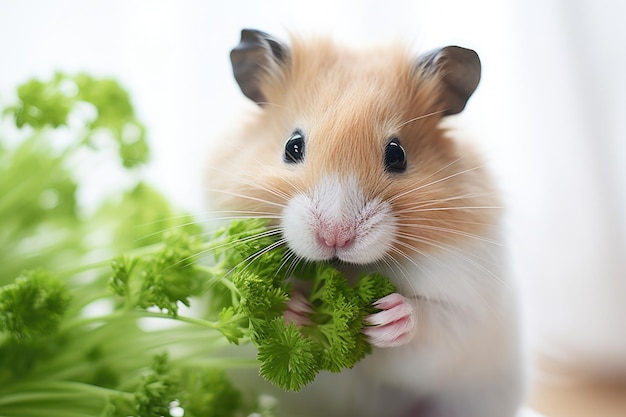 Delícia nutricional hamster fofo mastigando salsa