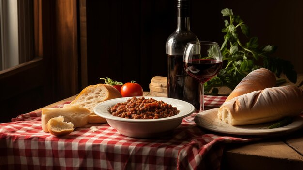 Foto delícia rústica de bolonha prato saboroso com molho vermelho baguete crocante e vinho vermelho