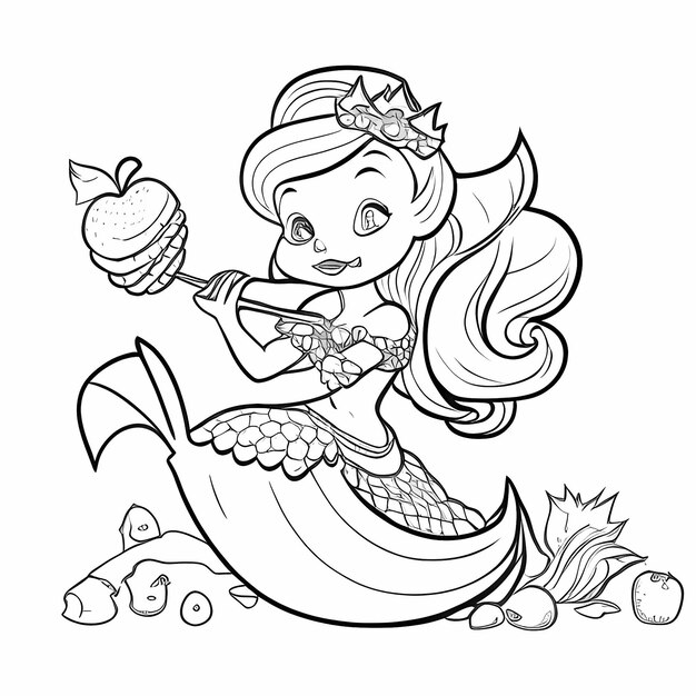 Delícia subaquática Sereia comendo maçã Página de colorir isolada de desenho animado para crianças
