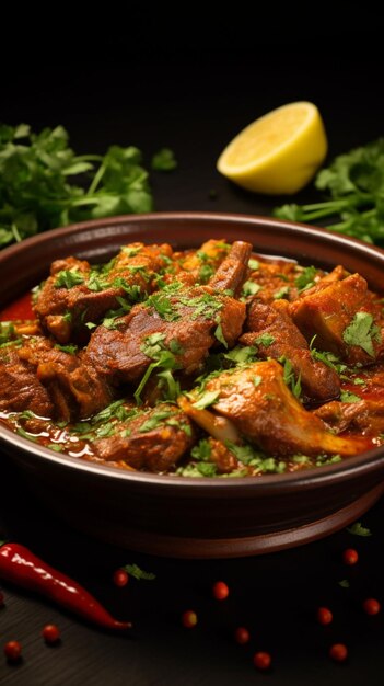 Delícia temperada de cordeiro indiano rogan josh mutton gosht masala com infusão servida em uma tigela focada Vertica