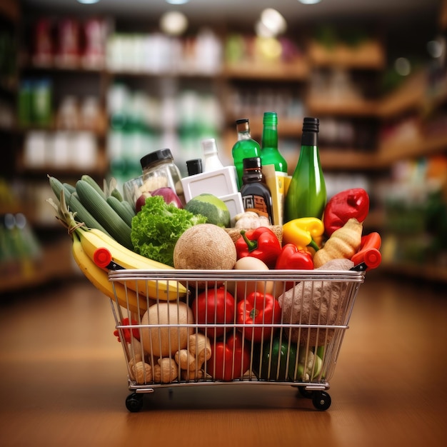 Delicia en la tienda de comestibles Una variada variedad de alimentos y bebidas en una cesta de la compra