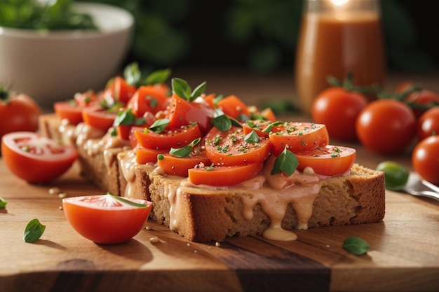 La delicia de las tostadas de tomate en una tabla de madera