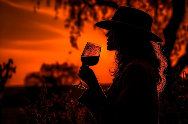 Delicia del vino toscano Mujer apreciando el vino Chianti y la puesta de sol sobre las colinas