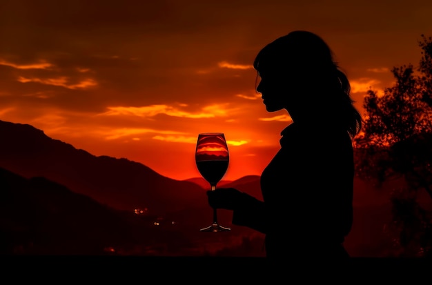 Delicia del vino toscano Mujer apreciando el vino Chianti y la puesta de sol sobre las colinas