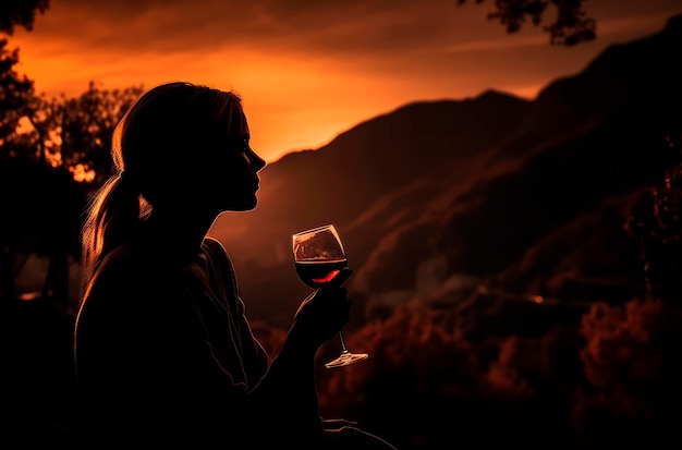 Delicia del vino toscano Mujer apreciando el vino Chianti y la puesta de sol sobre las colinas