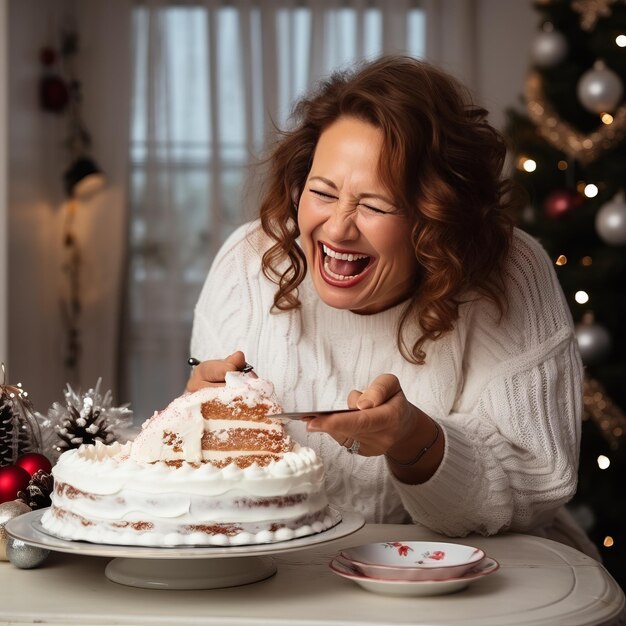 Delícias alegres Uma mulher vibrante abraçando a vida e o bolo em um cenário festivo de Natal