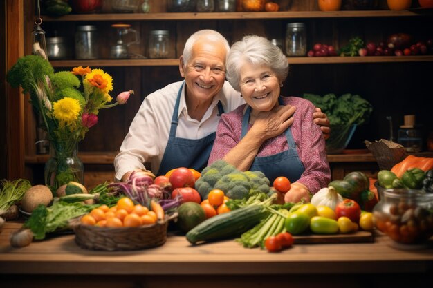 Delicias aromáticas, momentos cautivadores de una pareja de ancianos elaborando un vibrante plato vegetariano