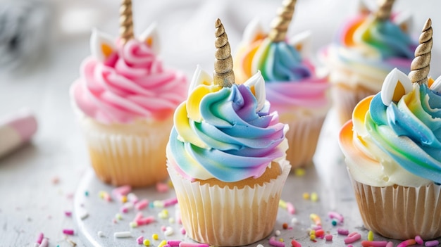 Estas delicias coloridas están adornadas con cuernos de unicornio comestibles y glaseado de arco iris Generative Ai