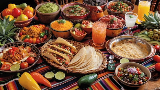 delicias culinarias del Cinco de Mayo con una mesa llena de platos tradicionales mexicanos