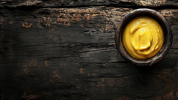Foto delicias culinarias gourmet de una suave salsa de mostaza dorada en un entorno rústico