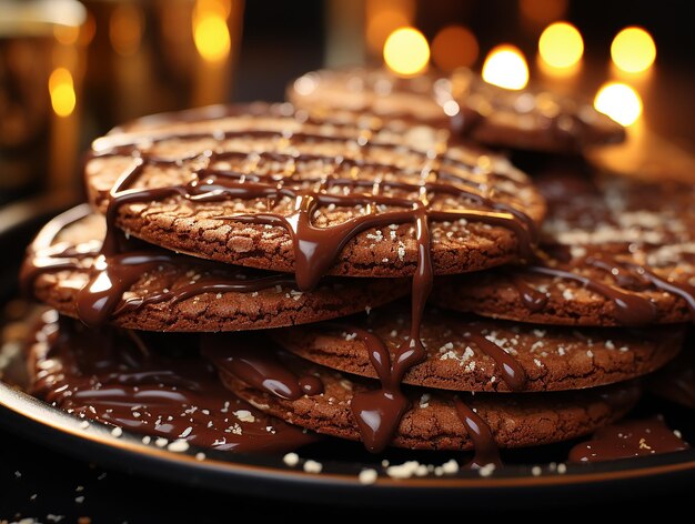 Delícias deliciosas close-up de biscoitos crocantes de chocolate com pedaços de chocolate derretendo