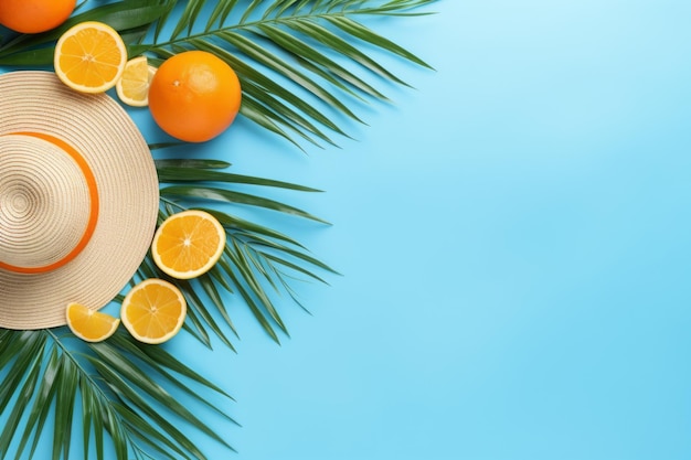 Delícias do verão tropical Folhas de palmeira vibrantes Frutas e chapéus sobre um fundo azul