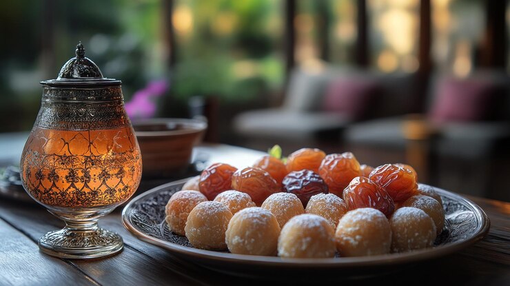 Delicias dulces y té en un patio Pasteles de dátiles y té servidos al aire libre en un entorno cálido