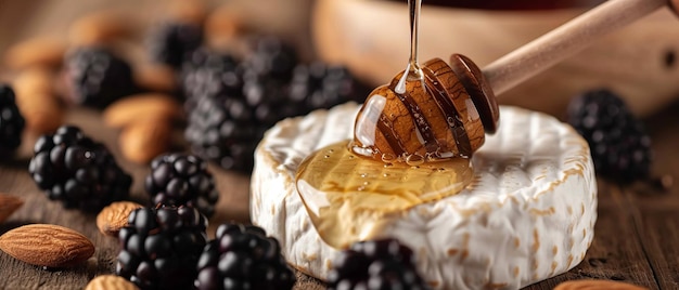 Delicias de ensueño Una sinfonía de almendras moras Queso y miel goteando de la cuchara de miel