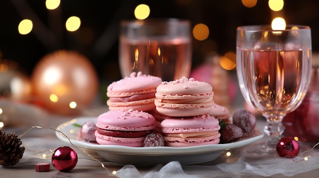 Delicias festivas de perto de bolos cor-de-rosa e macarrões