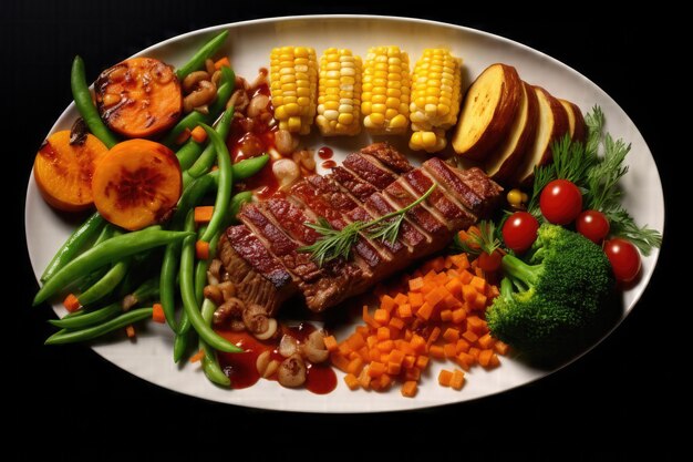 Delicias gourmet de carne y verduras a la parrilla en un plato diseñado por IA generativa