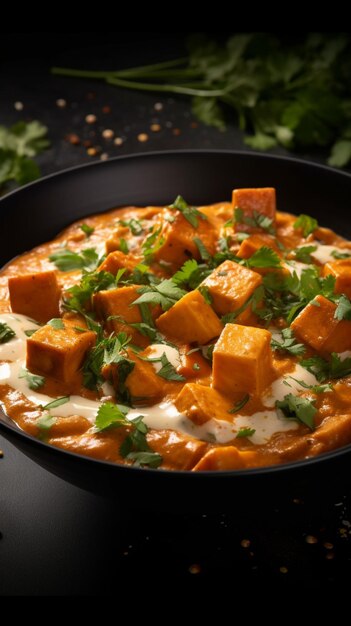 Delicias indias Toma vertical de mantequilla paneer masala sobre una superficie negra tentadora y sabrosa Vertic