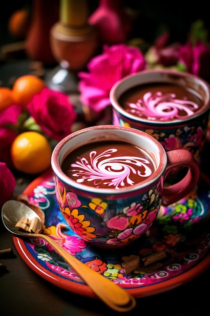 Foto delicias mexicanas de chocolate caliente cálido y acogedor disparado con tazas de cerámica pintadas a mano