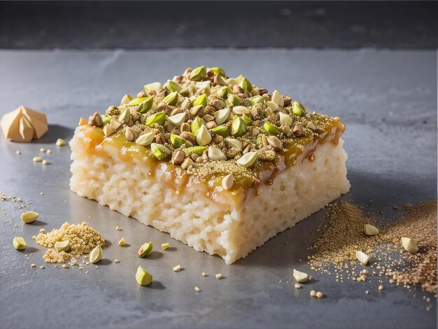 Delicias de nuez Halva de sésamo con pistachos en un fondo gris