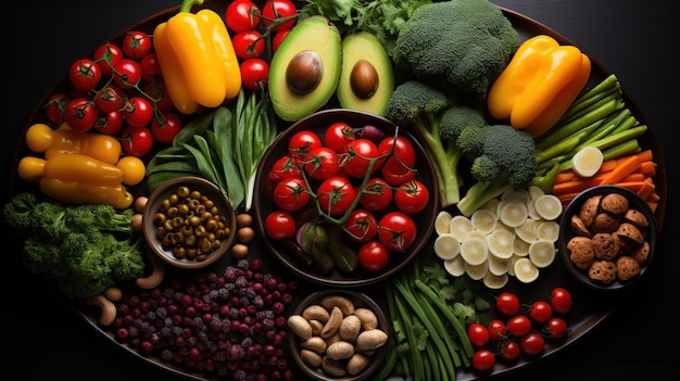 Delicias nutritivas uma mistura vibrante de alimentos saudáveis criados com IA generativa